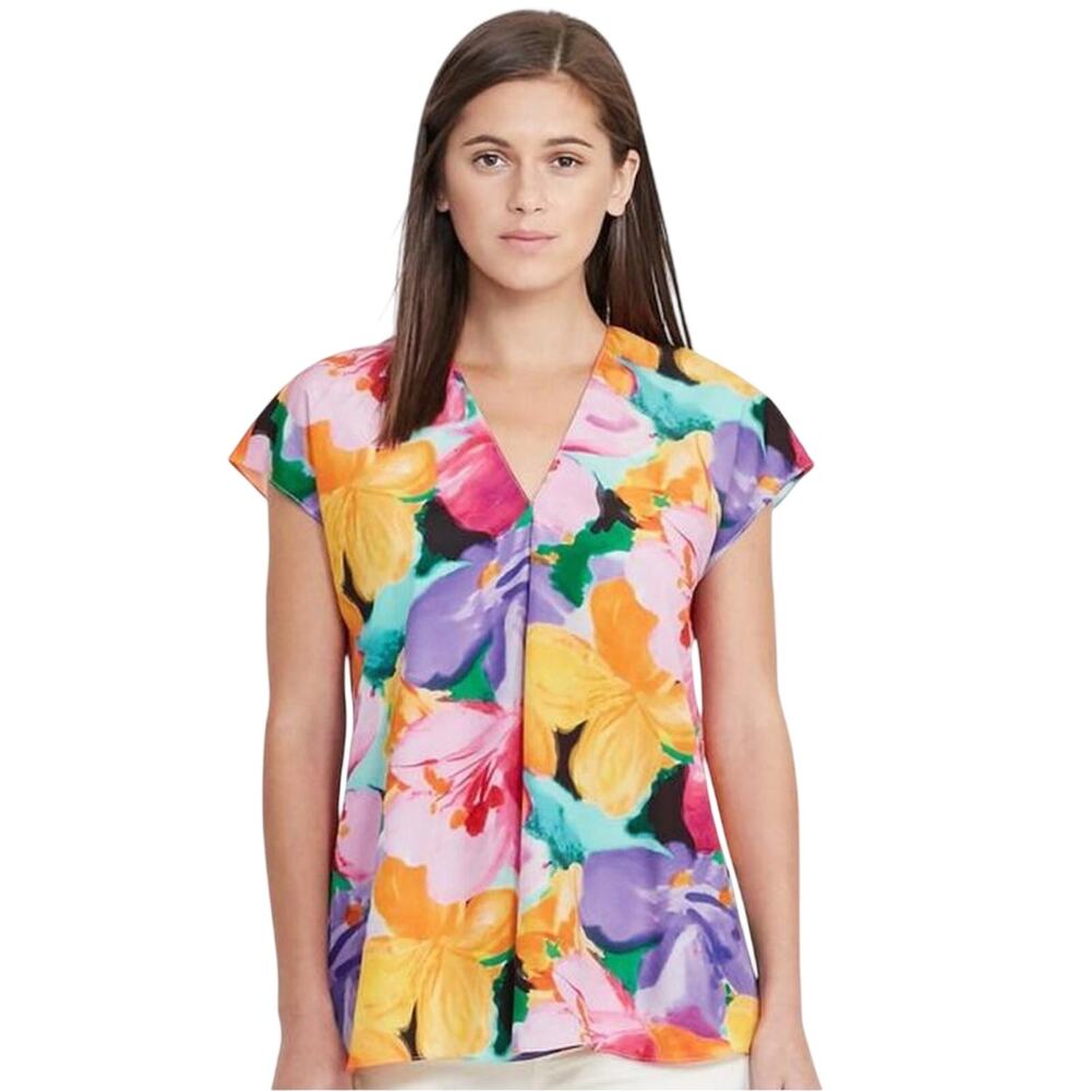 Lauren Ralph Lauren Multicolor Floral V-Neck Cap Sleeve Blouse